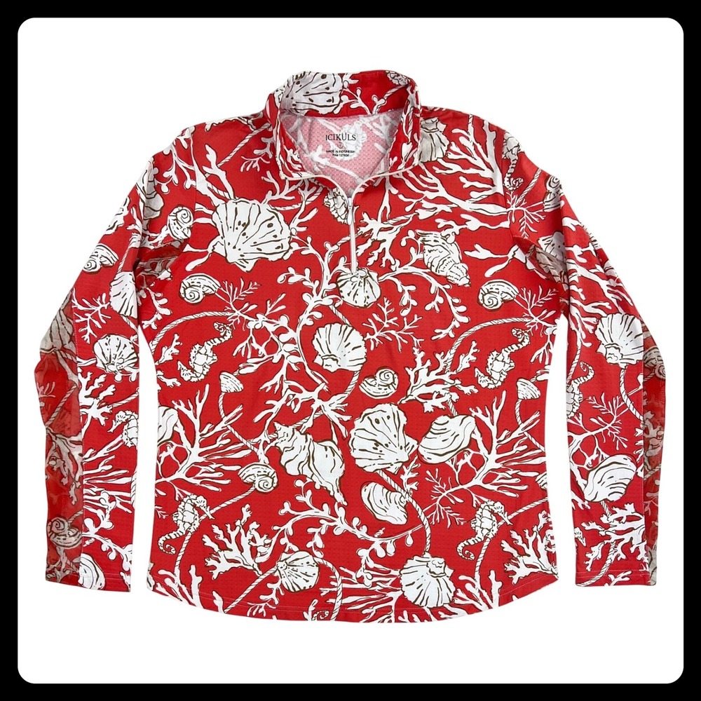 ICIKULS Sun Shirt Women Large Red White Sea Shells 1/4 Zip IceFil UPF 50